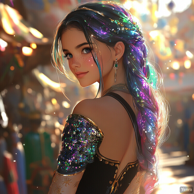 A woman with iridescent hair stands in an urban setting, gazing over her shoulder.