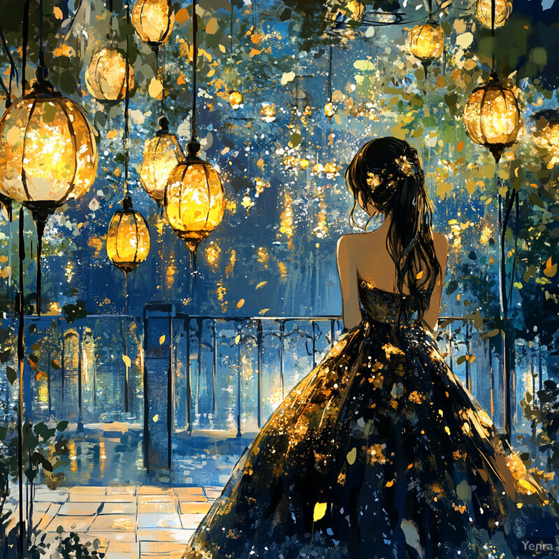 A woman in a black ball gown stands on a balcony surrounded by lush greenery and yellow lights, gazing out at a breathtaking view.