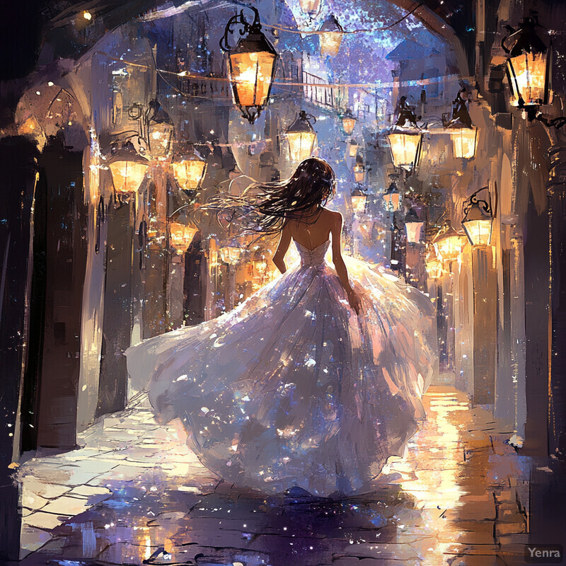 A woman in a white dress walks down a street at night, surrounded by lanterns and mystery.