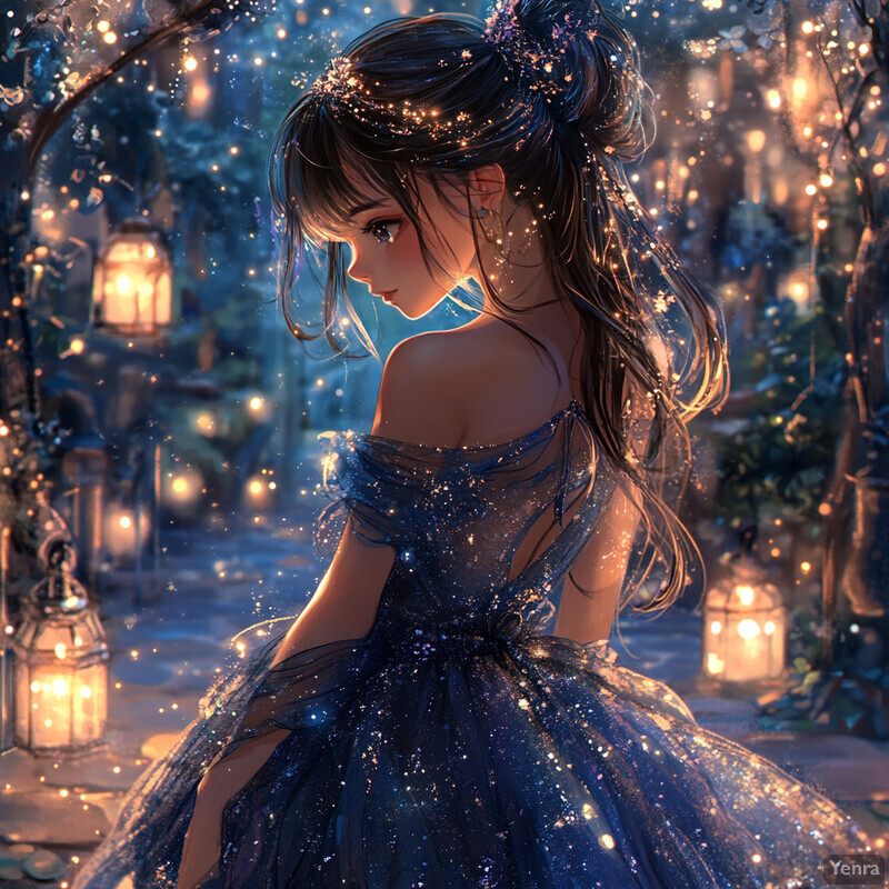 Anime-style illustration of a woman in a blue dress standing in a forest setting