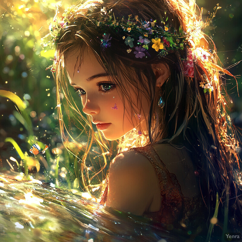 A young girl surrounded by nature, exuding serenity and connection to the environment