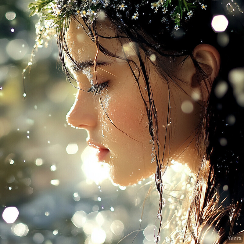 A serene portrait of a woman with a floral crown and water droplets on her face