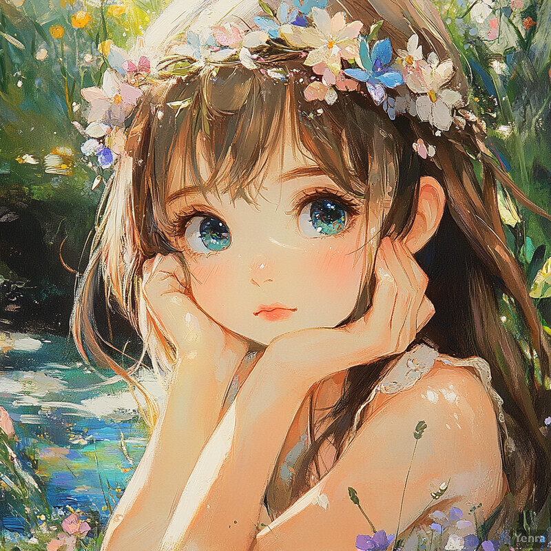 A young girl surrounded by lush greenery and vibrant flowers in a serene and enchanting scene