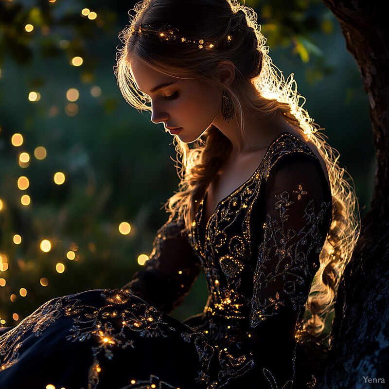 A serene and enchanting scene of a woman sitting in front of a tree, surrounded by lush greenery and vibrant flowers.