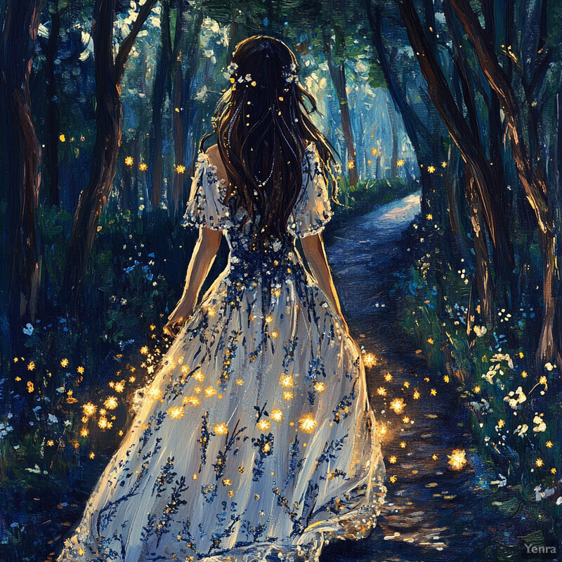 A woman walks through a forest surrounded by fireflies and wildflowers, her white dress flowing behind her.