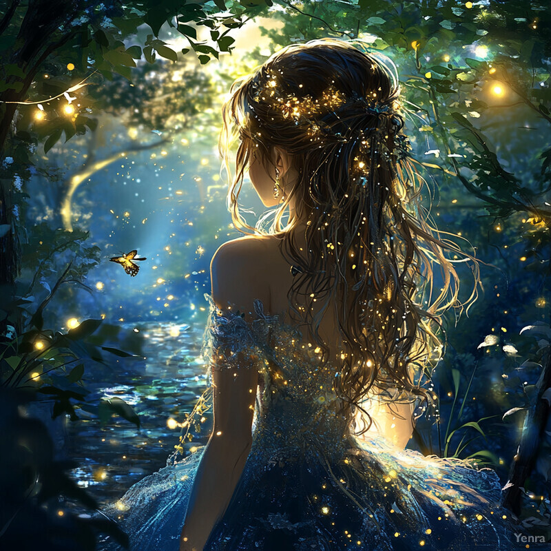 A serene and enchanting scene of a woman in a blue dress standing by a body of water, surrounded by lush greenery.