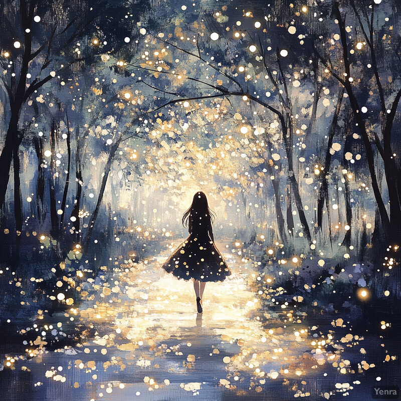 A serene and mystical scene of a woman walking through an enchanted forest at twilight