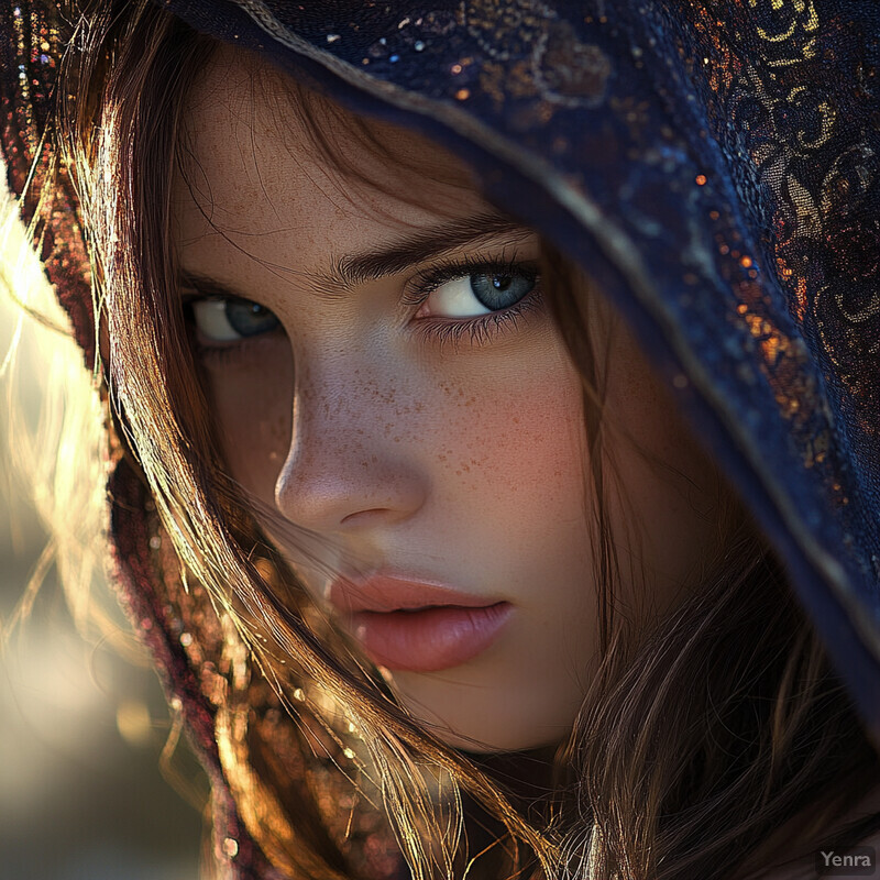 A captivating portrait of a young woman with striking features and an enigmatic expression.