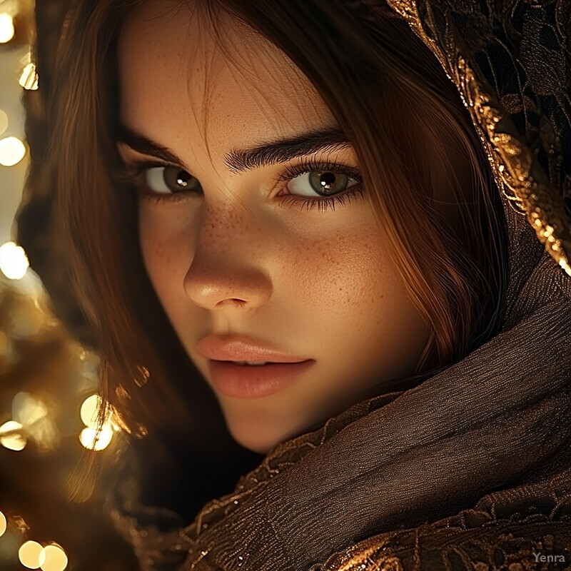 A young woman with fair skin and long brown hair gazes directly at the camera, exuding an air of calmness and serenity.