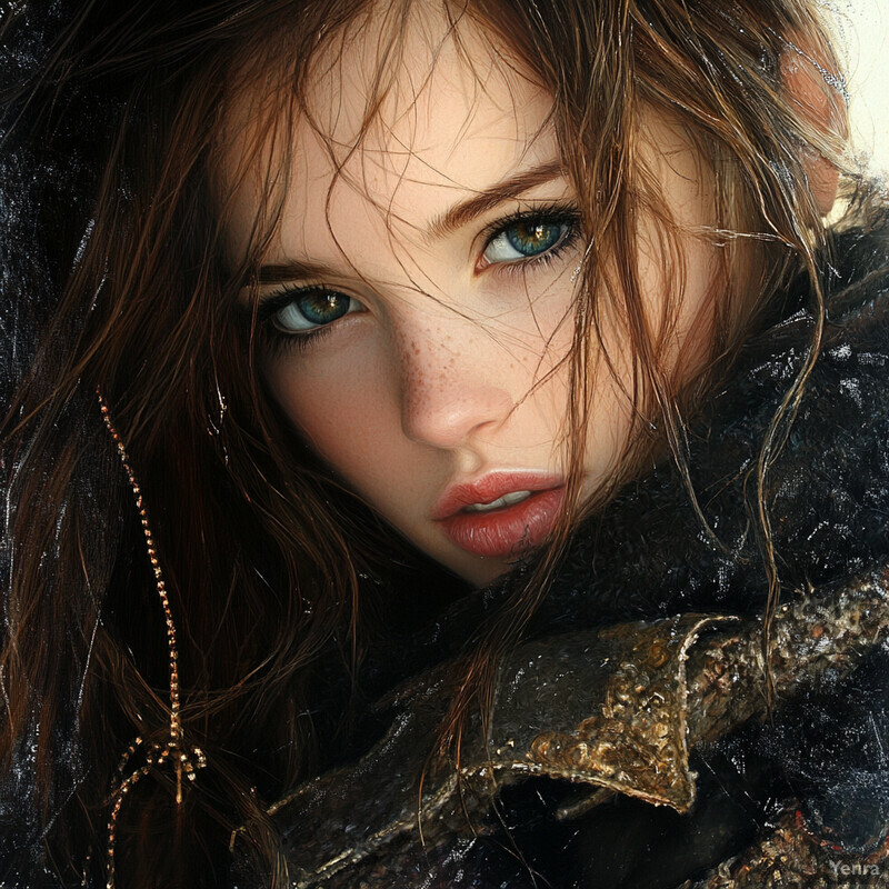 A young woman with blue eyes and fair skin wears a black hooded cloak or jacket with gold embroidery, gazing directly at the camera.