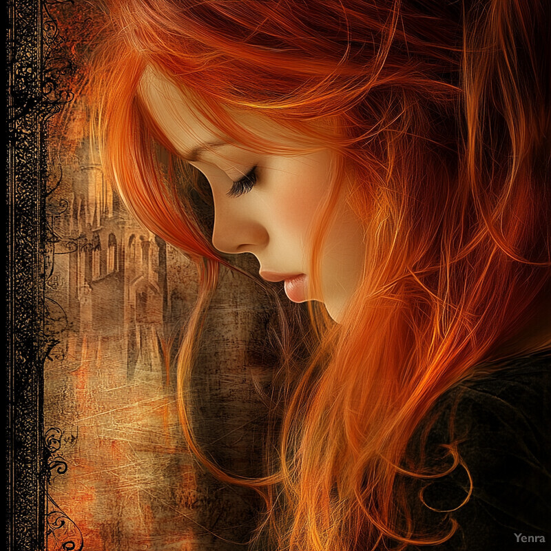 A woman with striking red hair gazes downward at an unseen object or surface, surrounded by a blurred cityscape.