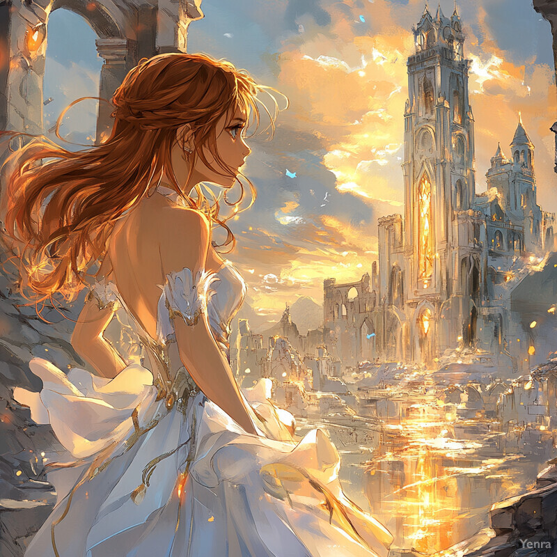 A woman in a white dress stands in front of a cityscape at sunset/sunrise