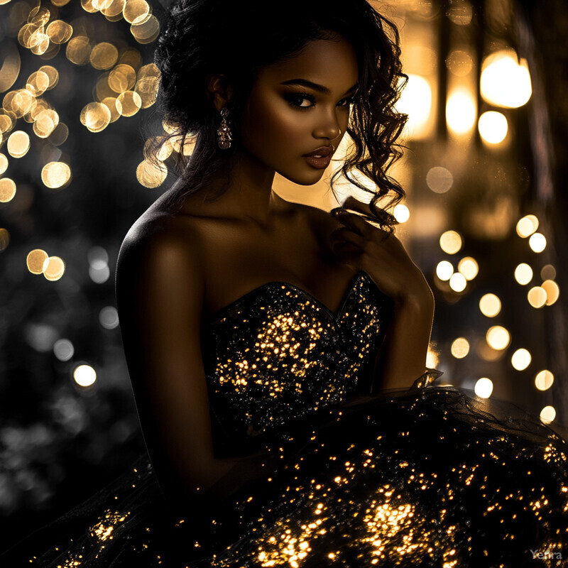 A woman in a black dress with gold sequins poses for a photo shoot.