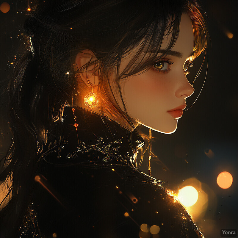 Anime-style woman with long black hair and bangs gazing to her right, wearing a black turtleneck sweater with silver embroidery or embellishments on the shoulders, and a golden earring featuring a circular design with a glowing yellow gemstone.