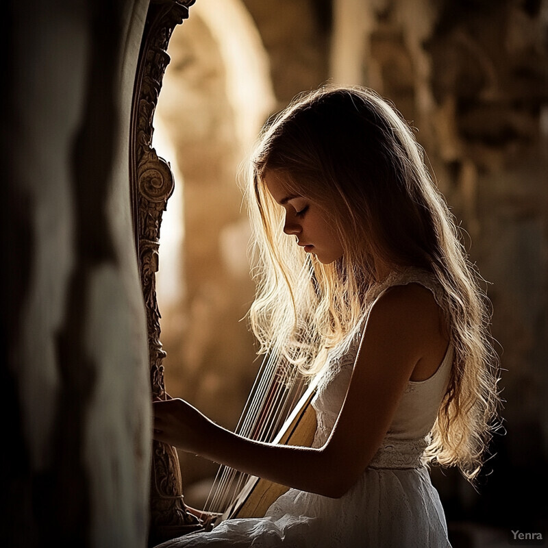 A young girl plays a harp in an ornate room