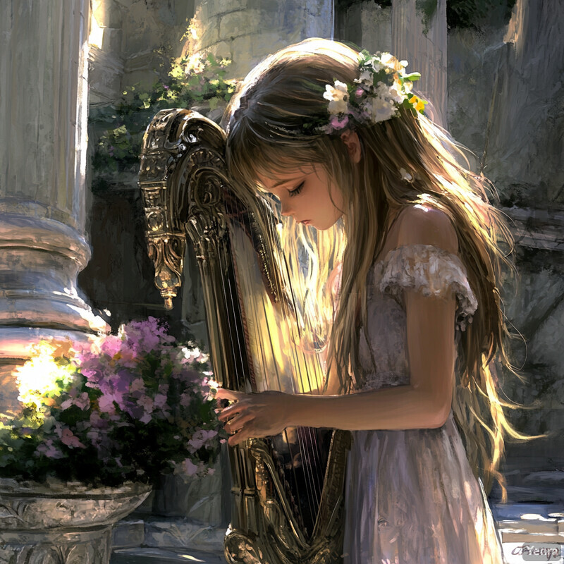 A serene and peaceful scene of a young woman playing a harp surrounded by lush greenery