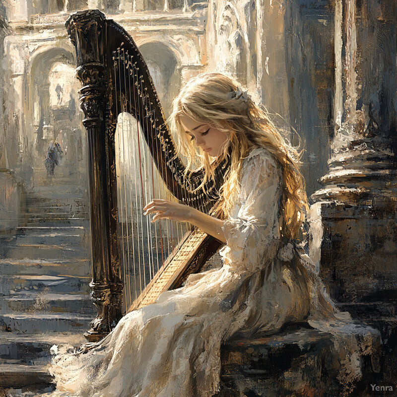 A woman plays a harp in an outdoor setting, surrounded by classical architecture