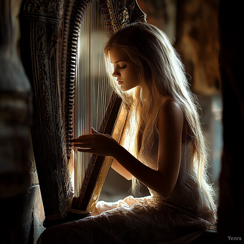 A serene indoor setting with a woman playing a harp.