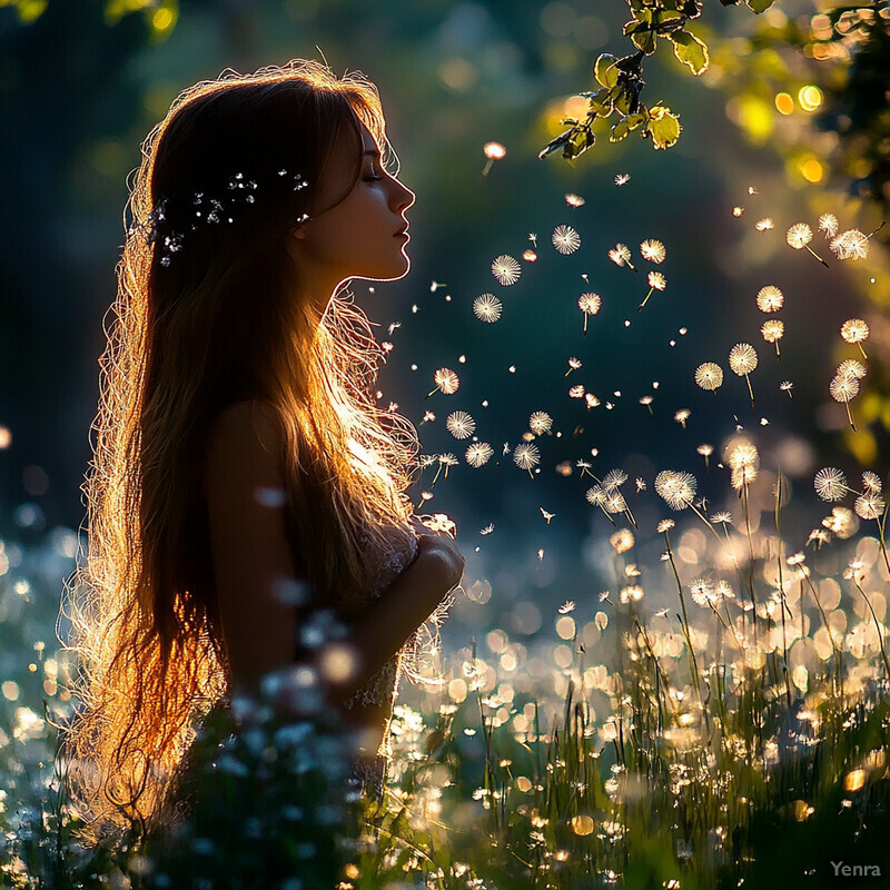 A woman standing in a field of dandelions, surrounded by lush greenery and flowers.