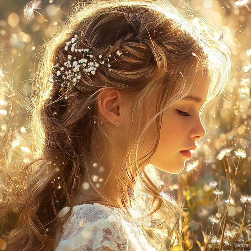 A young girl with long hair and baby's breath flowers stands amidst a field of dandelions