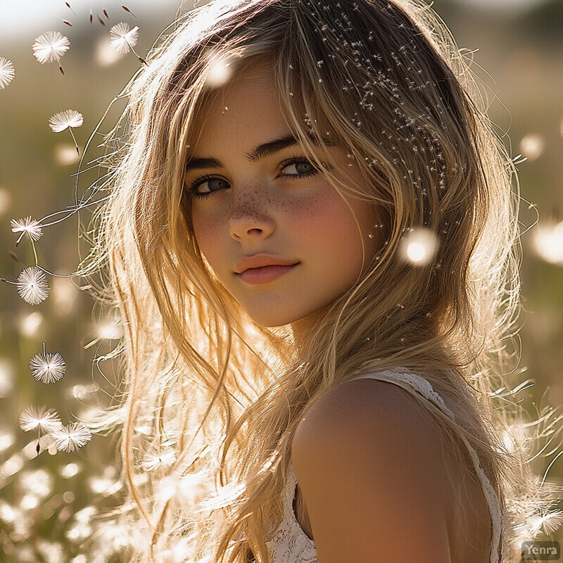 A young woman stands in a field of dandelions, surrounded by the beauty of nature.