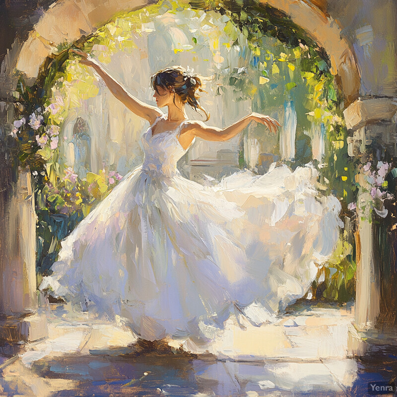 A serene oil painting of a woman in white, set within an archway