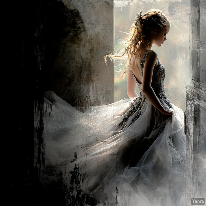 A woman stands in front of a window with her back turned to the viewer, wearing a flowing white dress.