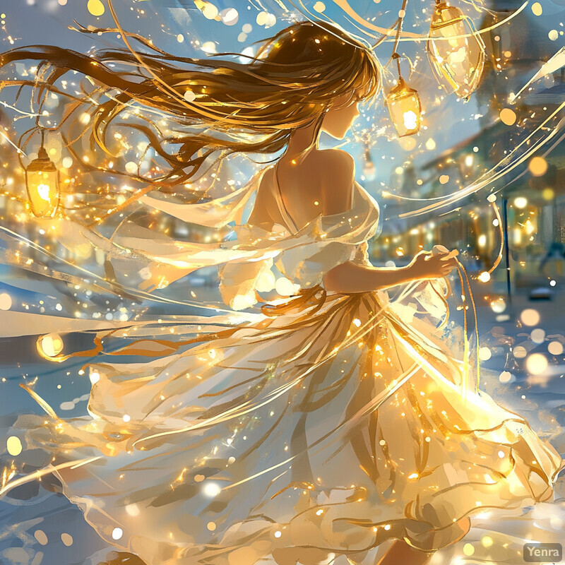 Ethereal scene of a woman in a flowing white dress surrounded by glowing lights and lanterns.