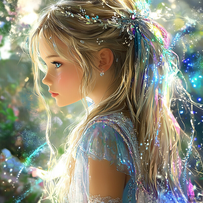 A young girl with long blonde hair and sparkly accessories in a garden or park setting.