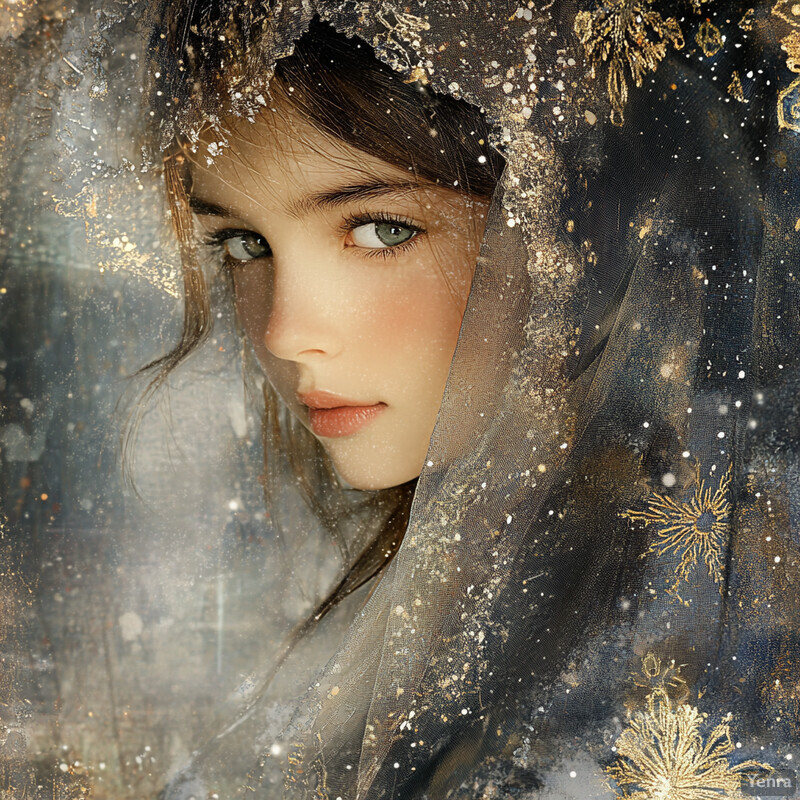 Ethereal Portrait: A young woman with blue eyes and long brown hair, covered by a black veil with gold embroidery, gazing directly at the camera.