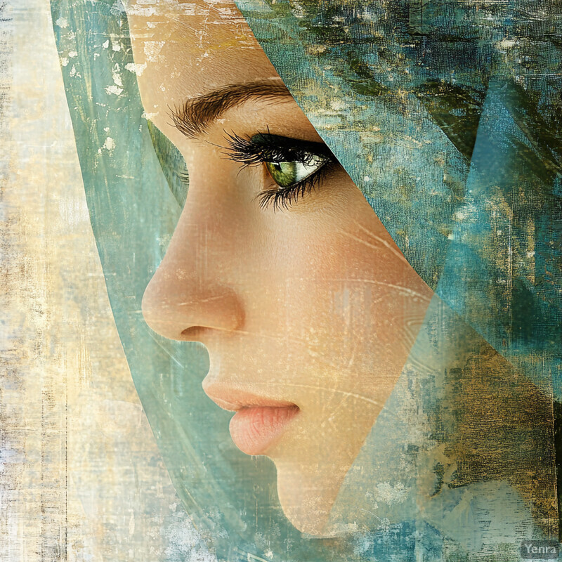 A woman with green eyes looks down at something out of frame