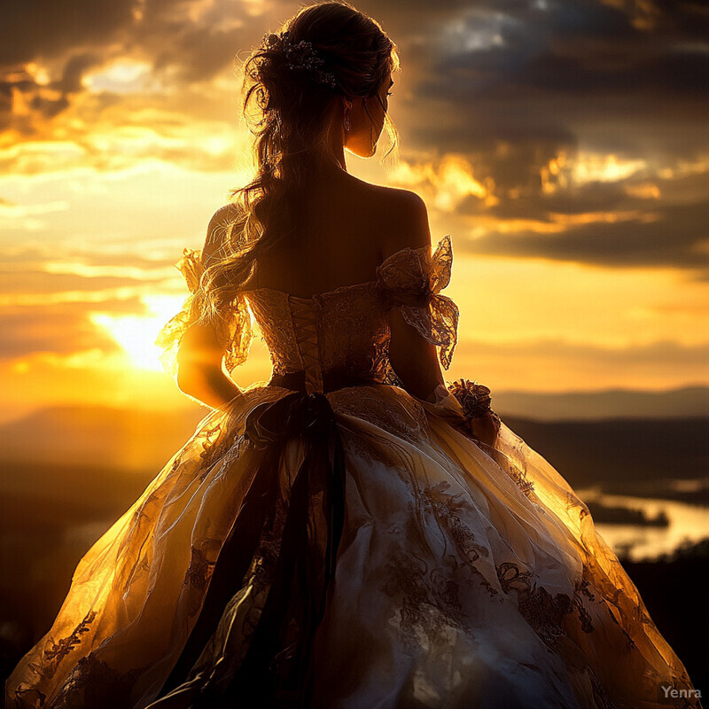 A woman in a wedding dress stands on a hill overlooking a lake at sunset.