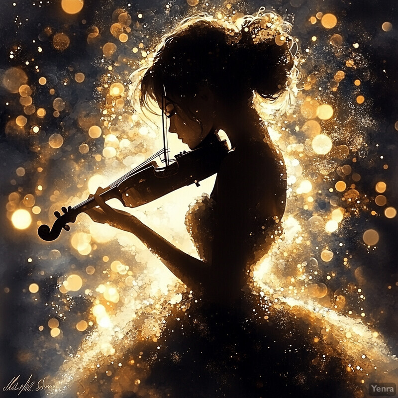 A woman plays the violin in front of a dark background with golden lights.