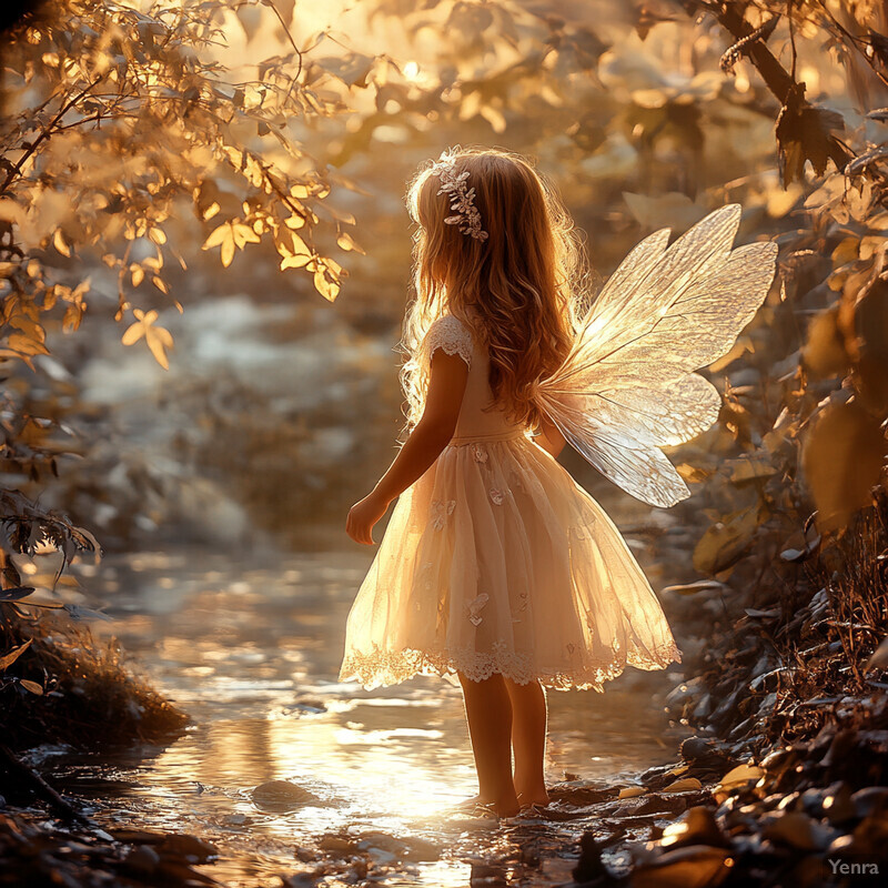 A young girl with fairy wings stands in shallow water surrounded by trees and plants.