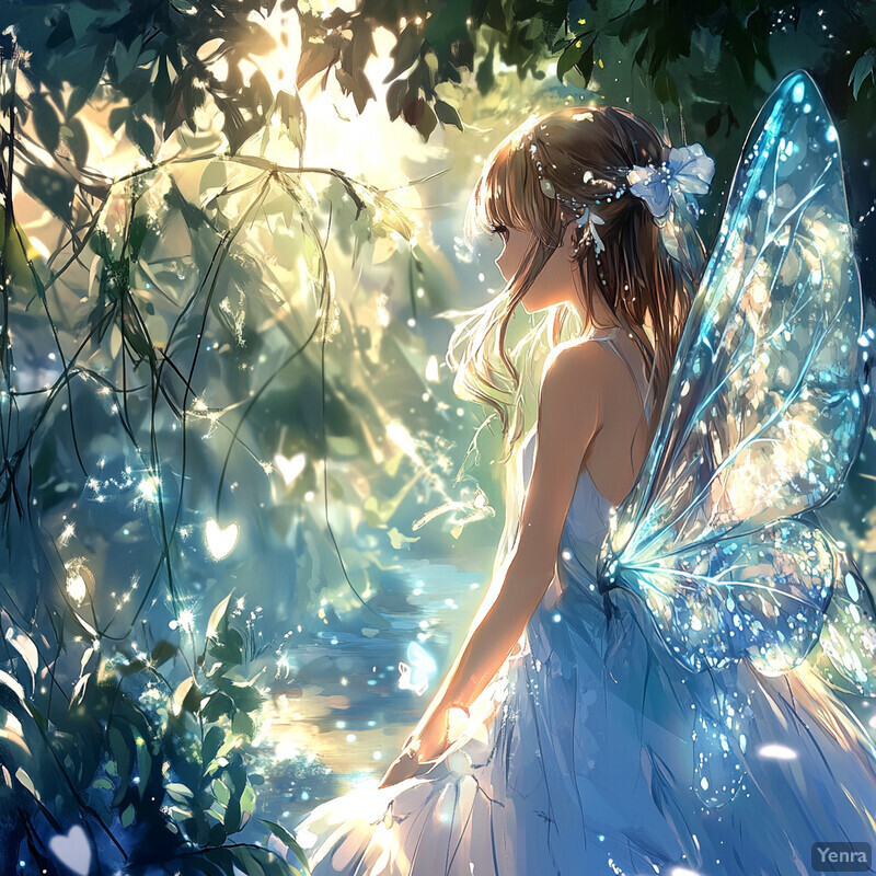 A serene forest scene featuring a woman with wings and a delicate flower in her hand.