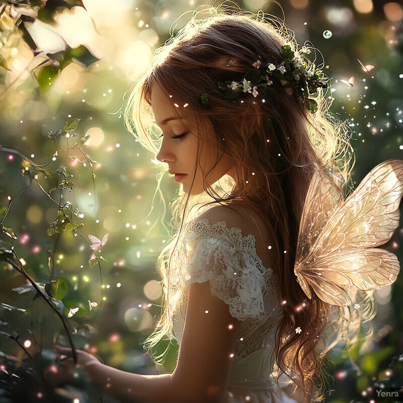 A young girl with fairy wings stands amidst greenery, surrounded by leaves and branches, exuding an ethereal quality.