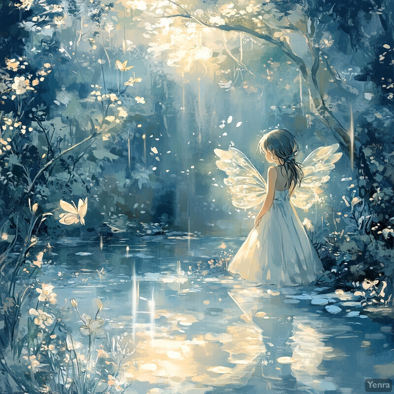 A young girl with butterfly wings stands in front of a body of water, surrounded by lush greenery.