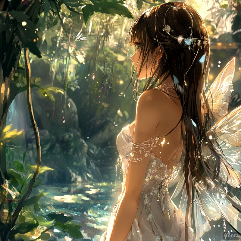 A fairy stands confidently in front of a waterfall, surrounded by lush greenery, exuding an air of tranquility and grace.