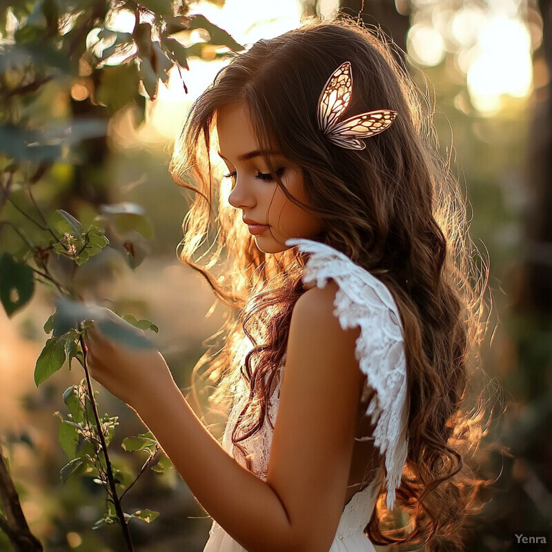 A young girl with wings stands in front of a tree trunk, surrounded by a blue sky with fluffy white clouds.