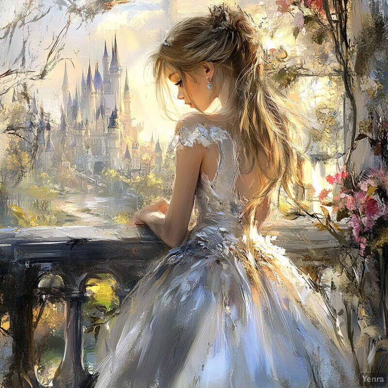 A fairytale princess stands in front of a castle, wearing a white dress with lace details and holding flowers, lost in thought.