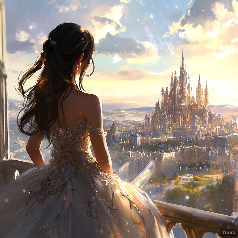 A young woman gazes out at a sunset over a majestic castle, dressed in a stunning white gown adorned with gold embroidery and jewels.