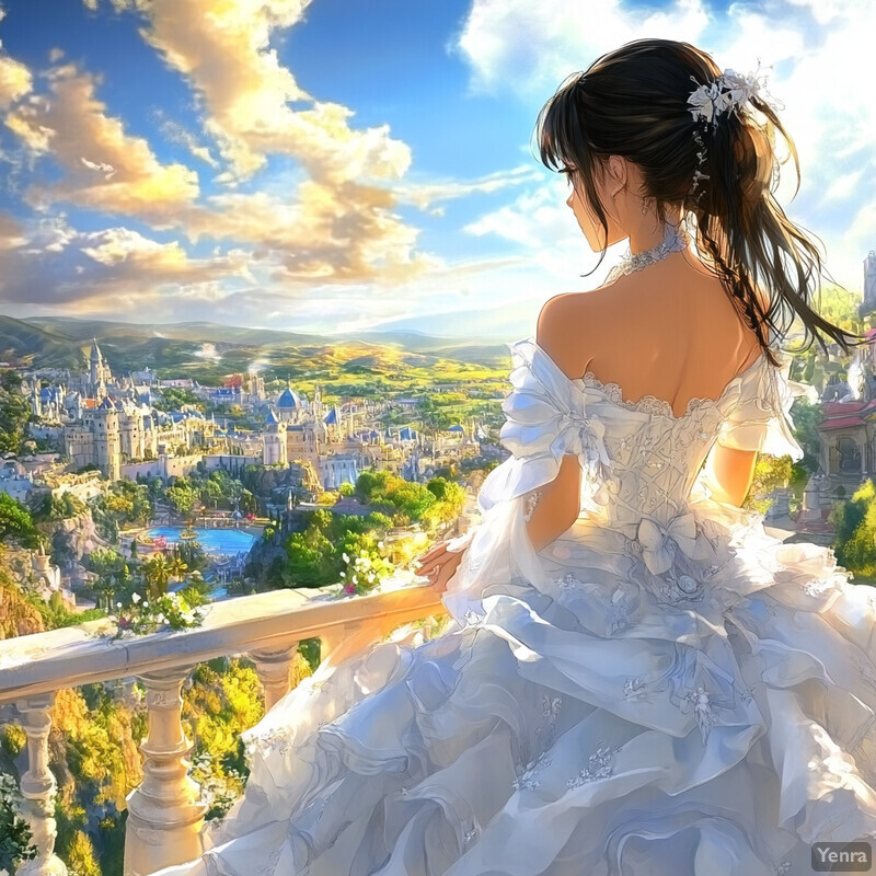 A woman in a white wedding dress stands on a balcony overlooking a picturesque town.