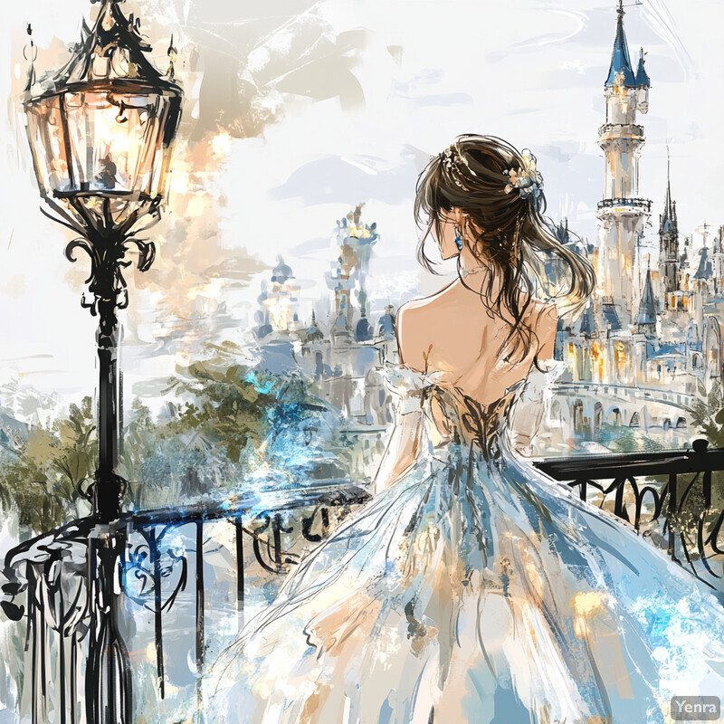 A young woman stands on a bridge looking out at a cityscape, wearing a white dress with her back to the viewer.