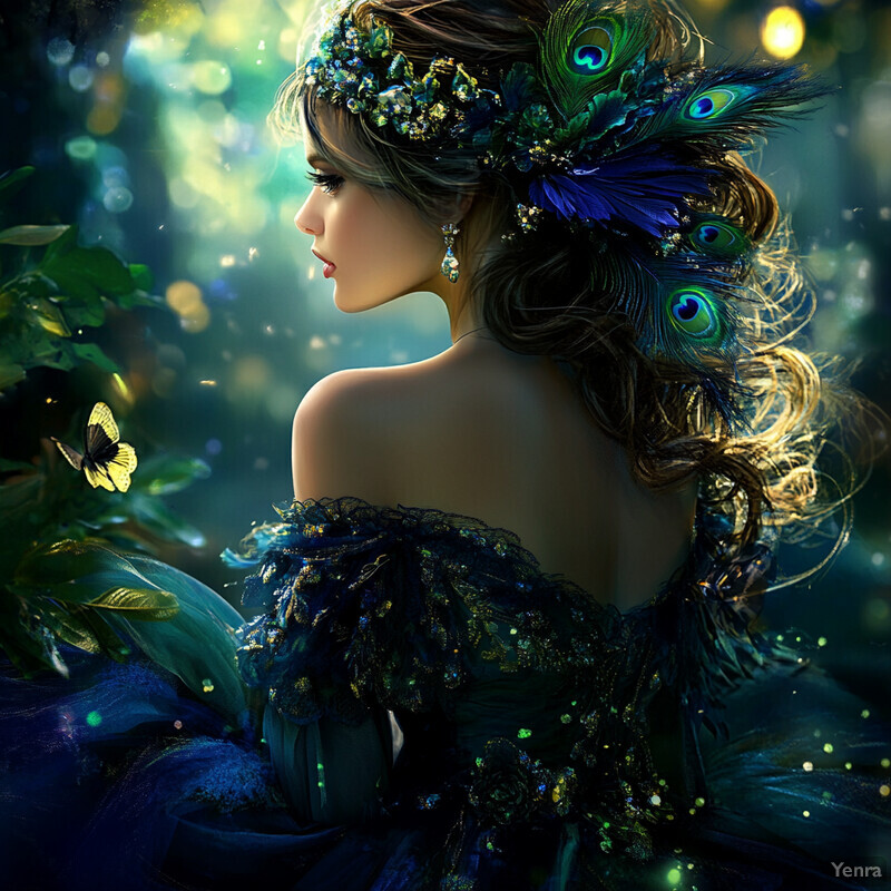 A woman in a dark green dress admires a butterfly in a forest setting