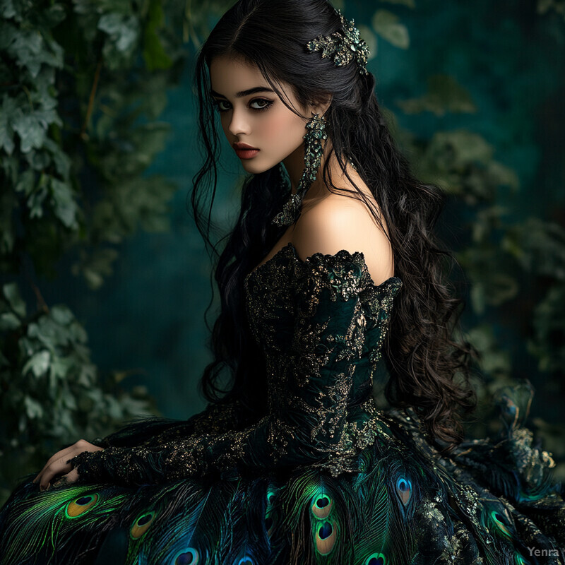 A woman with long dark hair wears a peacock-inspired dress and accessories in front of a lush forest backdrop