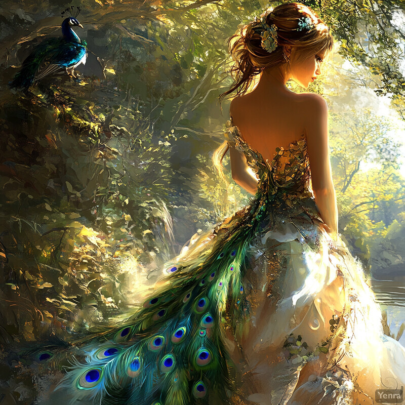 A woman stands in a forested area near a body of water, gazing towards the left side of the frame, wearing a peacock-inspired gown and admiring something outside the frame.