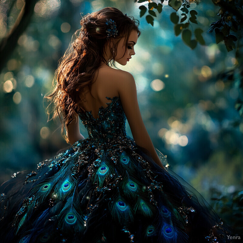 A woman in a stunning peacock-inspired ball gown poses confidently in front of a blurred background.