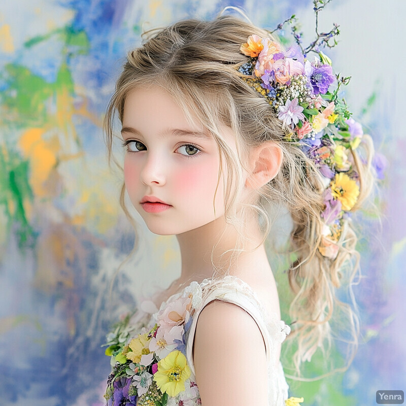 A young girl with fair skin and blonde hair styled in loose waves, adorned with a floral headband featuring purple flowers.