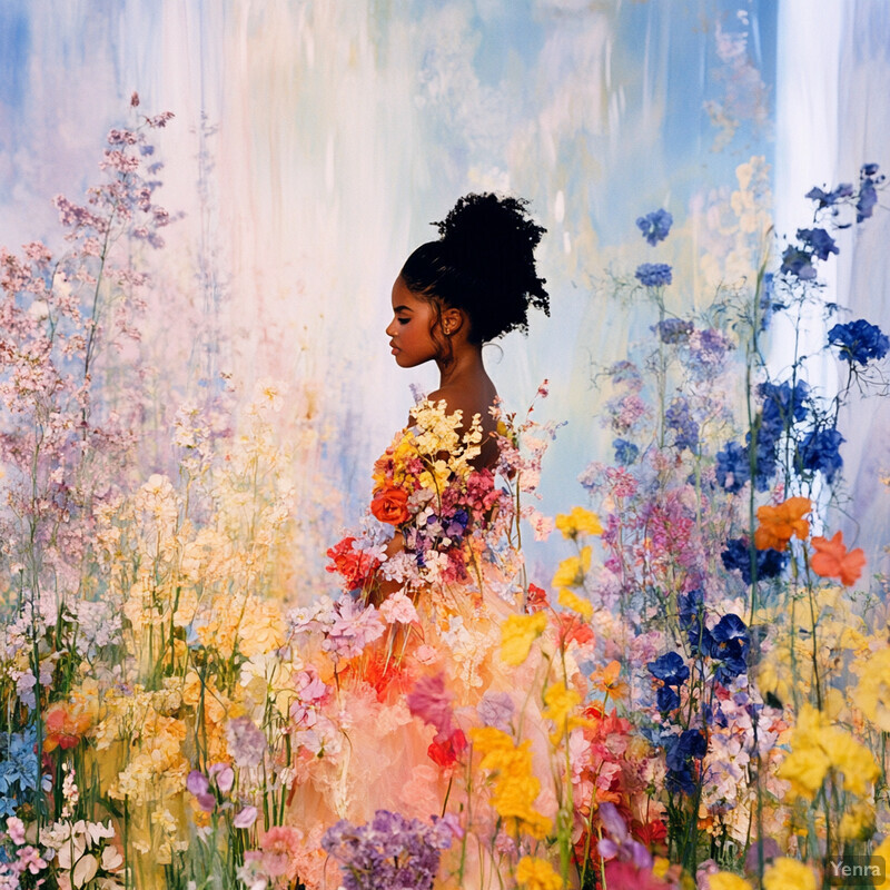 A young woman surrounded by a kaleidoscope of flowers, radiating joy and happiness.