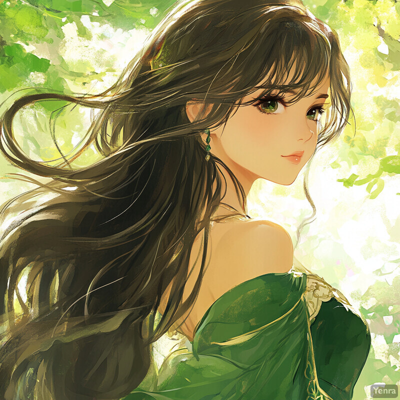 A serene and enchanting scene of a woman with long brown hair, adorned in a green dress, set against a backdrop of lush trees.